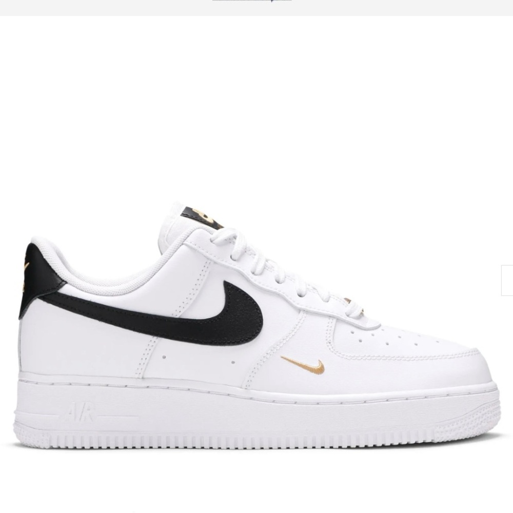 Women’s Air Force 1 ‘07 Essential White Black Sneakers with Gold Accents